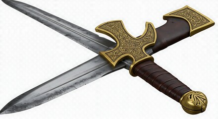 Ancient Sword with Ornate Hilt and Scabbard on White Background.