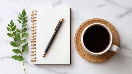 Simple workspace with coffee and leaves