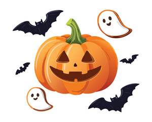 A friendly jack-o'-lantern with flying bats and ghosts, a fun and festive Halloween scene - Vector Illustration