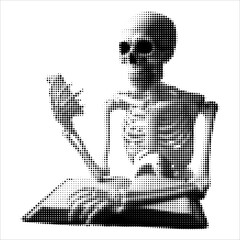 Halftone skeleton holding a book and smartphone. Retro grunge style illustration of skull character reading and using mobile device. Vector graphic isolated on white background. Perfect for modern 