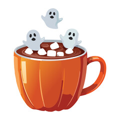 A sweet pumpkin hot chocolate with whipped cream and floating ghost marshmallows, a delightful Halloween drink - Vector Illustration
