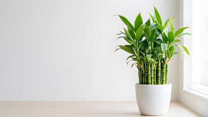 Fototapeta premium Lucky Bamboo Plant in White Pot by Window