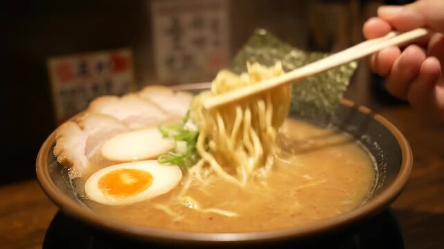 Eating Delicious Tonkotsu Ramen With Chopsticks at a Restaurant in Japan, Enjoying Authentic Japanese Cuisine