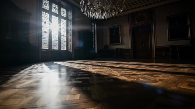 Sunlight streams through window, illuminating a vintage hall with a chandelier and wood floor.