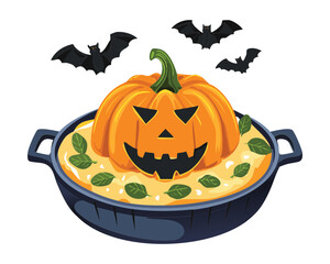  Halloween-themed pumpkin soup with scary jack-o'-lantern face in a blue and white ceramic bowl - Vector Illustration