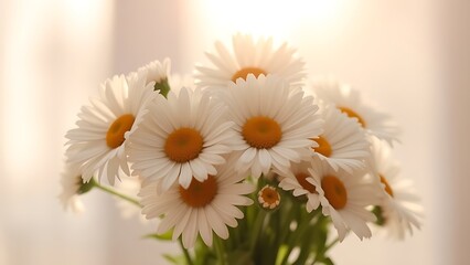 Obraz premium A fresh daisy bouquet basks in sunlight, with delicate blooms against a soft focus background.