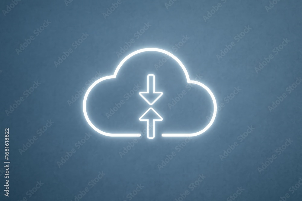 Poster neon illuminated cloud with arrows symbolizing data transfer on blue backdrop