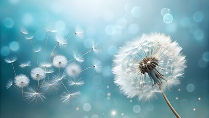 Obraz premium Dandelion Seeds Blowing in the Wind on a Soft Blue Background