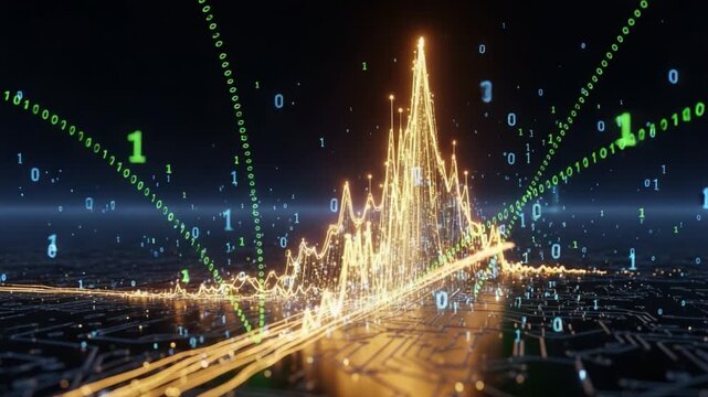 Dynamic Visualization of Digital Data Flow Represented by Vibrant Graphical Peaks and Binary Sequence Illustrations Against a Circuitry Background