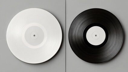 Two vinyl records, one white, one black, side-by-side on a neutral gray surface.  Each record has a central hole and a visible groove pattern