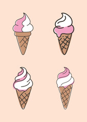 A set of four hand-drawn ice cream cone illustrations with pink and white soft serve, perfect for summer, dessert, and food-related design projects.