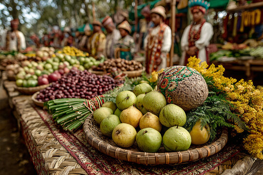 Exhibit of Sibonga&rsquo;s harvest bounty during the Bonga Festival. A rustic display table covered with woven mats, overflowing with tropical fruits, vegetables, and flowers.