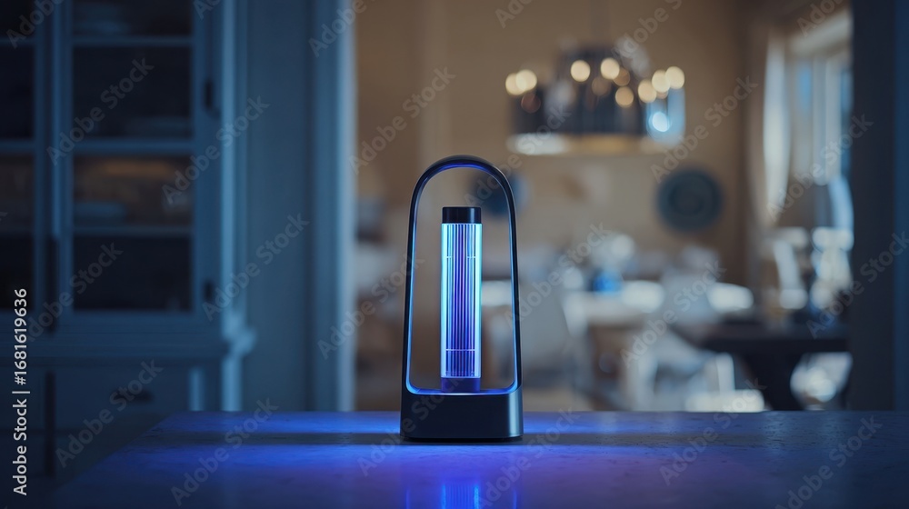 Aufkleber Focused medium shot of a sleek standalone UV sterilization lamp on a clean surface with the surrounding room softly out of focus to emphasize its design and function.