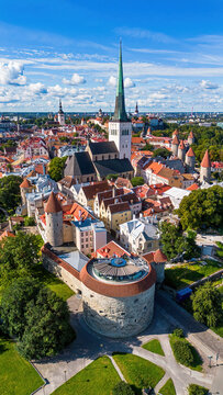 Aerial view of the Fat Margaret tower and of St Olaf's church in Tallinn Old Town (Vanalinn), the capital of Estonia, one of the Baltic States