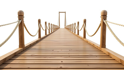 Fototapeta premium Long Wooden Suspension Bridge with Light Brown Planks Stretching into Distance isolated on white background