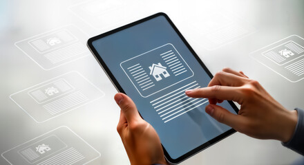 Person using a tablet to browse real estate listings, with a house icon and text on the screen, representing online property search and digital real estate services