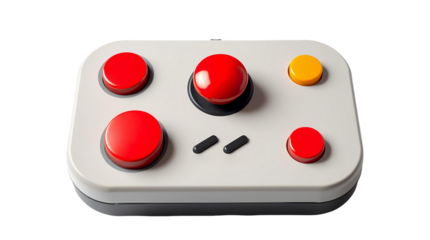Retro Square Video Game Controller with Red Joystick and Buttons in 3D Render isolated on transparent background