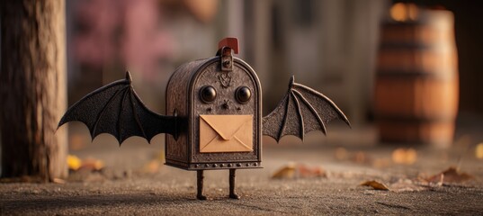 3D Haunted Mailbox Toy with Bat Wings and Letter for Spooky Decor