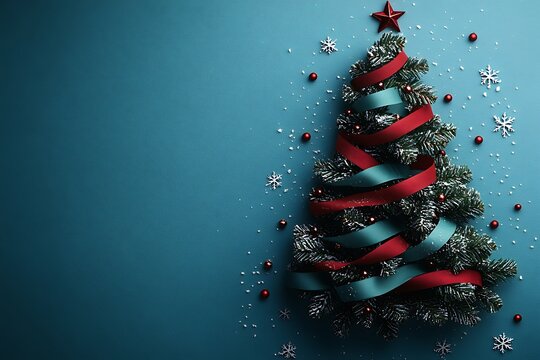 Decorated Christmas Tree with Red and Teal Ribbons and Snowflakes holiday winter