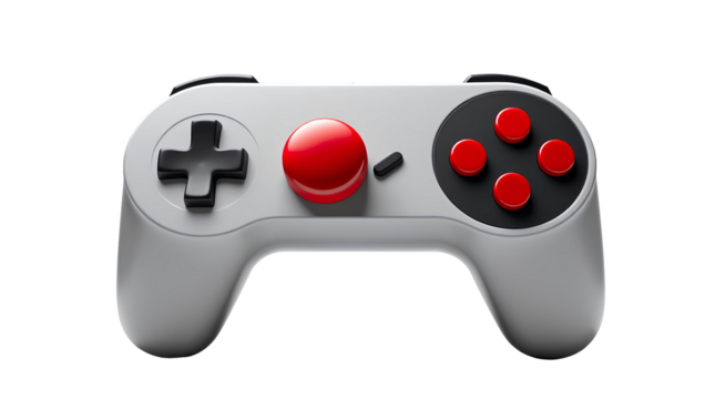 Retro Square Video Game Controller with Red Joystick and Buttons in 3D Render isolated on transparent background