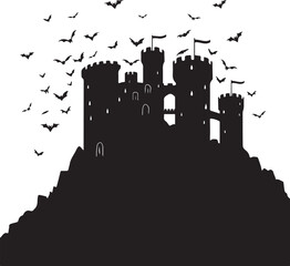 Obraz premium Black silhouette of a castle on a hill with bats flying around it night