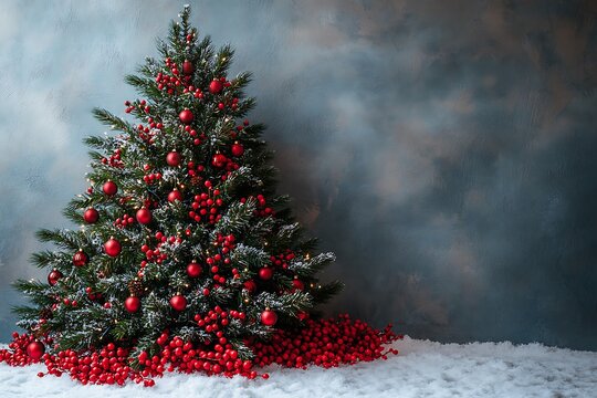 Decorated Christmas tree with red ornaments and berries in snow evergreen pine