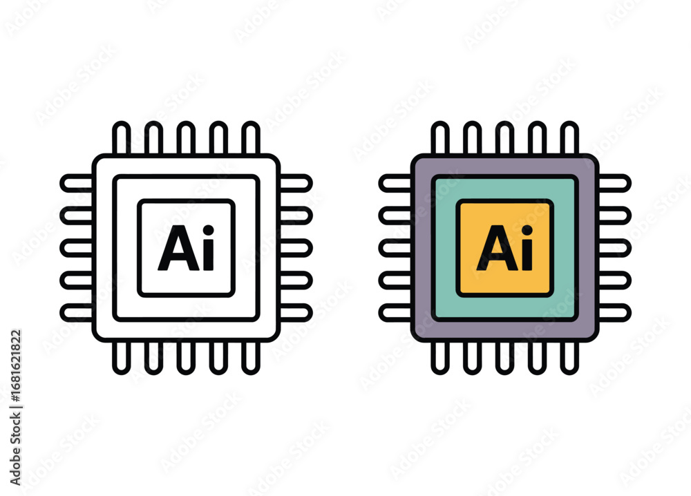 Poster artificial intelligence microchip icon set: modern technology, machine learning, and neural network 