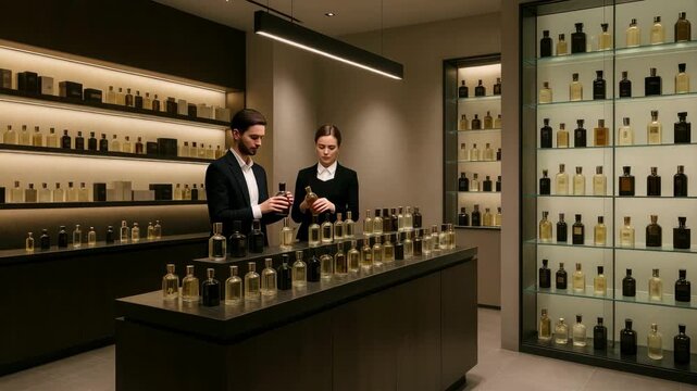 Elegant perfume shop interior captured at eye level, showcasing rows of bottles and staff in a luxurious setting, perfect for a promotional video.
