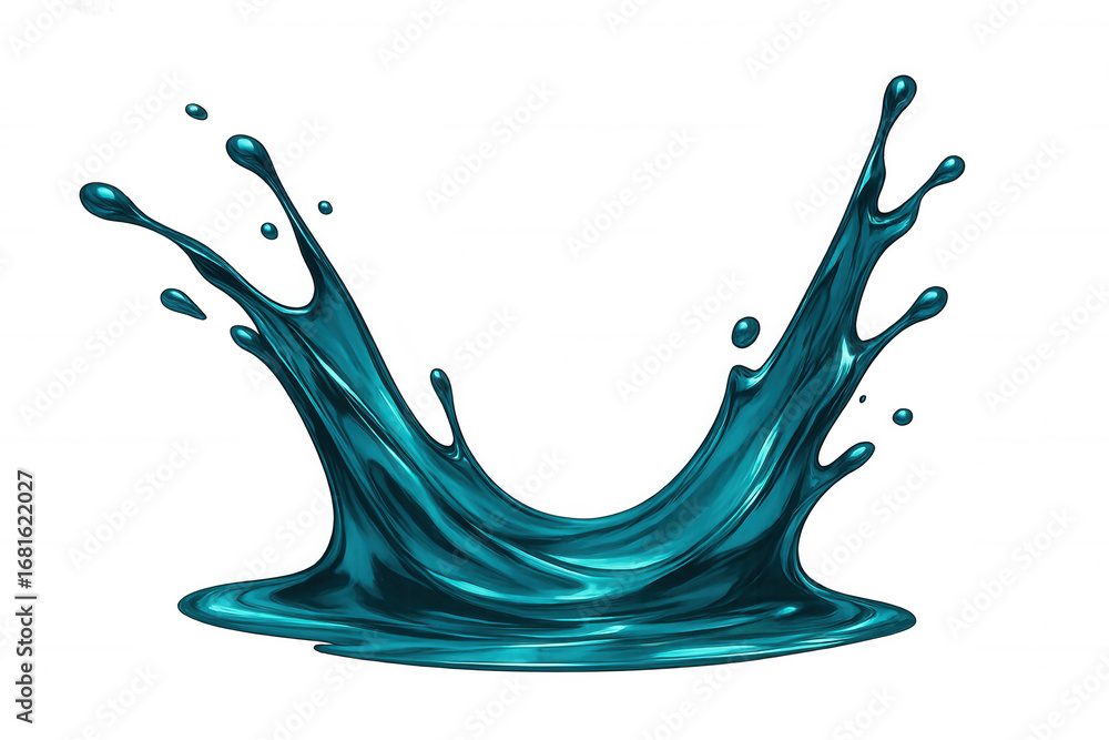 Poster teal liquid arching, creating sculptural crown-like splash pattern, revealing fluid dynamics on clea