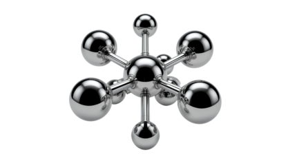 Chrome Hexagonal Molecular Structure with Metallic Spheres and Rods isolated on transparent background