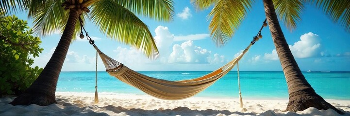 Serene hammock slung between palm trees, gently swaying in a tropical breeze, offering ultimate relaxation and tranquility  Perfect for travel, vacation, and escapism imagery ,  tropical,  escape