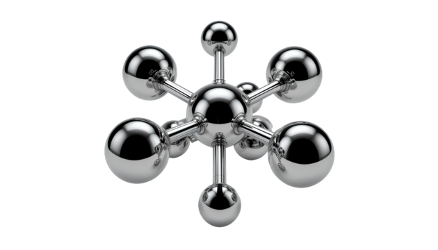 Chrome Hexagonal Molecular Structure with Metallic Spheres and Rods isolated on transparent background