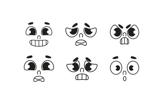 A collection of vector cartoon faces expressing six basic emotions: happiness, sadness, anger, surprise, fear, and disgust. Ideal for illustrating emotional states in a fun and clear way