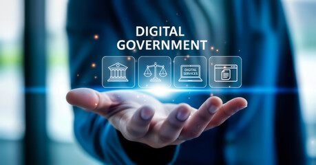 Digital government concept with icons representing law, justice, technology, and online services presented by a persons open hand, symbolizing modernization and accessibility in public administration