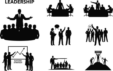 PrintBusiness Leadership Concept Illustration Showing Teamwork, Strategy, Management, Motivation, and Corporate Success with Team Leaders and Employees in Silhouettes