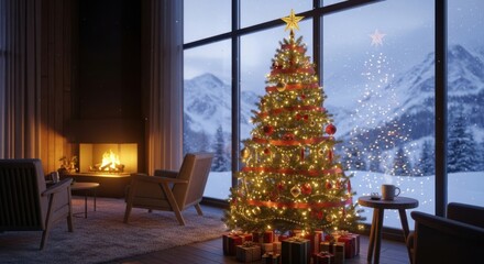 Cozy Christmas Celebration Inside a Warm Living Room with Snowfall Outside