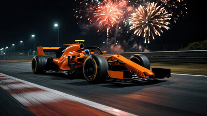 Sleek orange Formula 1 race car speeding on a wet track while vibrant fireworks explode in the night sky above