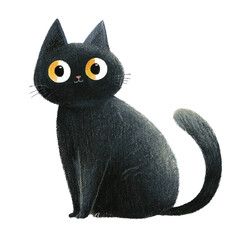 Cute black cat sitting with big yellow eyes for childrens design, cut out transparent	

