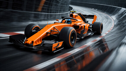 Sleek orange Formula 1 race car speeding on a wet banked curve