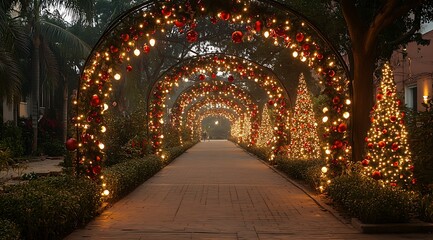 Festive Christmas light tunnel with red baubles and illuminated trees holiday lights