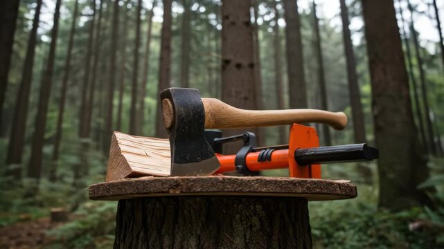 Axe and firewood splitter on a tree stump in a forest. Lumberjack equipment for wood chopping. Wood splitting with an axe and wood splitter. Forest background.