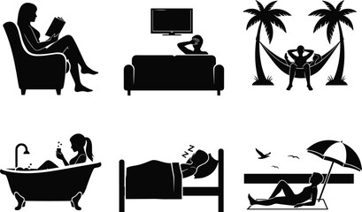 PrintRelaxation silhouette vector set, reading, watching TV, hammock, bubble bath, sleeping, beach lounging, leisure activity, self-care, weekend rest icons