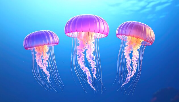 Three jellyfish of varying sizes drift in a vibrant blue underwater scene