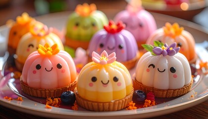 Colorful miniature desserts with whimsical faces and floral decorations, arranged on a plate.