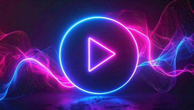 Neon play button in a dark, glowing environment