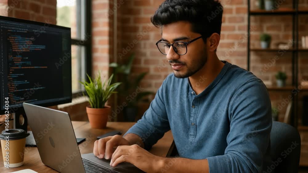 Poster a focused programmer works on a laptop in a cozy office. the side angle captures the coding process,