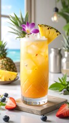 A refreshing pineapple cocktail garnished with a vibrant orchid flower and pineapple wedge, presented in a tall glass filled with ice.