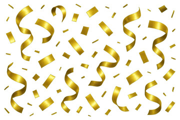 Golden confetti and ribbons falling, generating celebratory mood, transparent background highlighting festive event design element