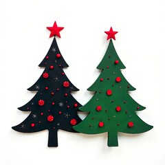 Obraz premium Minimalist Christmas Trees Vector, Black with Green and Red Accents, White Background, Holiday Decoration