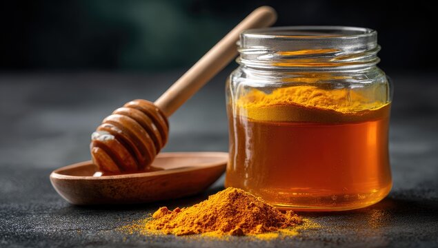 Golden elixir in glass jar, honey and turmeric powder on dark surface